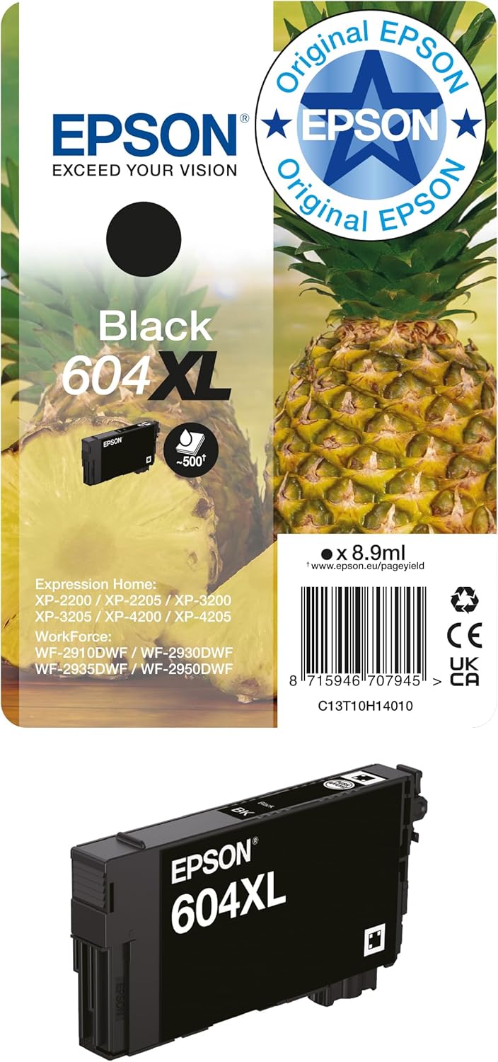 Epson Original 604XL Ink Pineapple Single Pack Black XL, XP-2200 XP-2205 XP-3200 XP-4205 WF2910DWF WF2930DWF WF2950DWF, ReadyPrint Flex Ink Tariffs