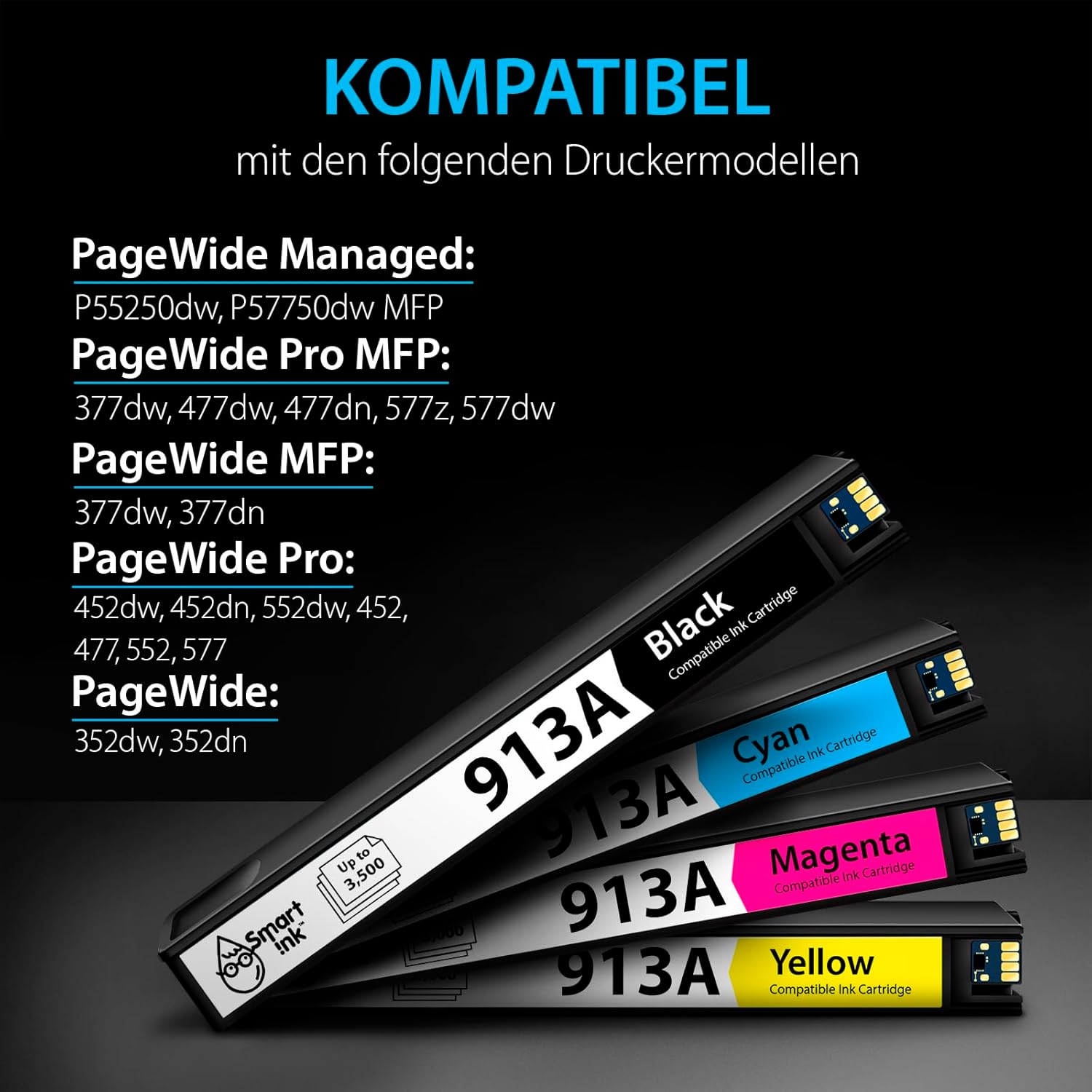Smart Ink Compatible Printer Cartridges Compatible with HP 913A 913 A 4 Multipack (Black, Blue, Red, Yellow) Compatible with PageWide 377dw 477dw 352dw 577dw 452dw 477dn 452dn 577z 552dw P55250dw Printers – Bild 2