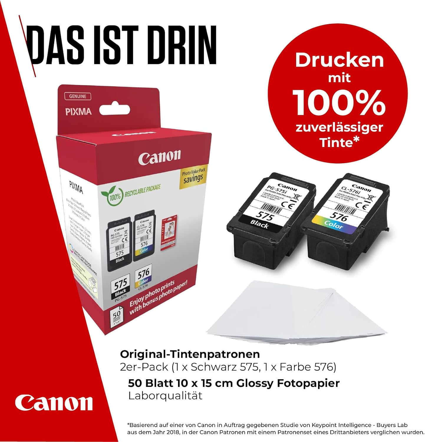 Canon PG-575 / CL-576 Genuine Ink Cartridges, Pack of 2 (1 x Black, 1 x Colour); Includes 50 sheets of 4x6 Canon Photo Paper - Cardboard Multipack – Bild 2