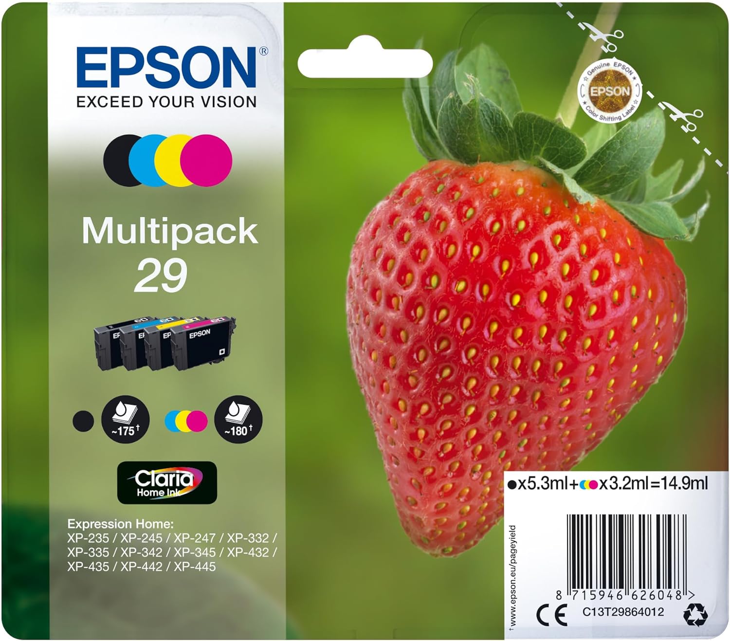 Epson Original 29 Ink Strawberry, XP-235 XP-332 XP-335 XP-432 XP-435 XP-245 XP-342 XP-345 XP-442 XP-445 XP-247 XP-257 XP-255 XP-352 XP-355 XP-452 XP-455