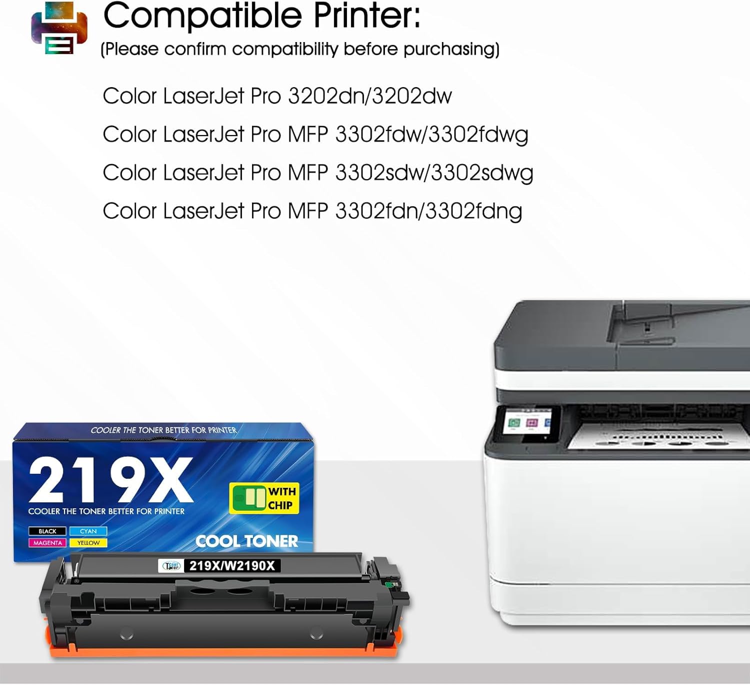219X 219A MFP 3302FDWG Toner: With Chip Compatible Replacement for HP Color LaserJet Pro MFP 3302FDWG Toner 3302SDWG 3302FDNG 3302FDW 3302SDW 3302FDN 3202DN 3202DW 219 Black Cyan Magenta Yellow 4-Pack – Bild 2