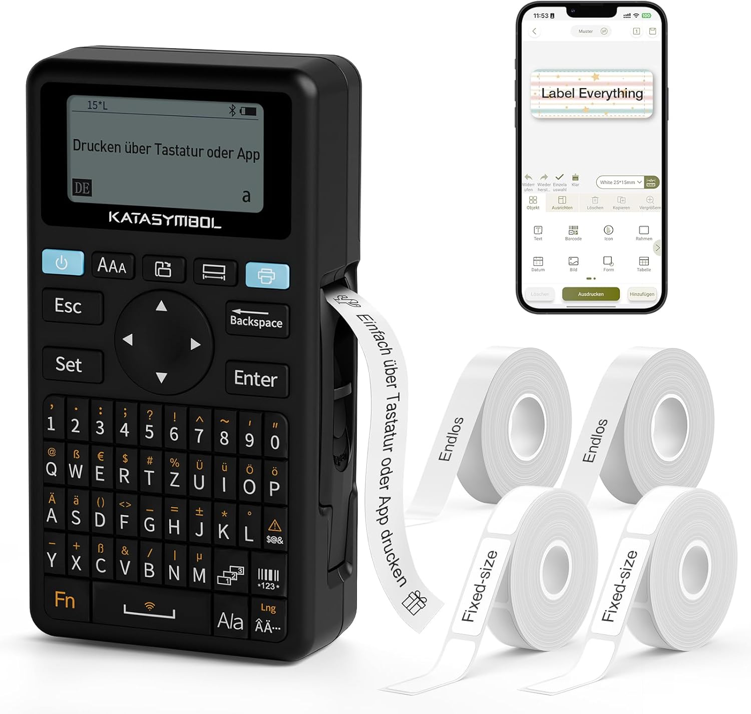 SUPVAN E11 Label Printer, German Layout (QWERTZ) Keyboard, with 2 Rolls of Continuous and 2 Rolls of Fixed Size Labels, Suitable for School, Office & Home, Black