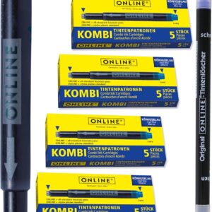 ONLINE 20x Compatible Lamy Ink Cartridges Blue & Ink Eraser Also for Pelikan, Stabilo etc., Universal Ink Cartridges, Erasable Fountain Pen Cartridges for Fountain Pen & Rollerball Pen, Value Pack Royal Blue
