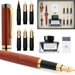 Wordsworth & Black Calligraphy Pen Set Including Ink Bottle, 6 Ink Cartridges, Ink Converter, 6 Replacement Nibs, Luxury Bamboo Journaling, Soft Writing Feeling Pen [Rosewood]