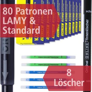 Online Value Pack 80 Ink Cartridges & 8 Ink Erasers, Universal Ink Cartridges for Lamy & Standard Fountain Pens, Large Capacity Cartridges in Royal Blue, Erasable, Washable, Ink Killer for Erasing
