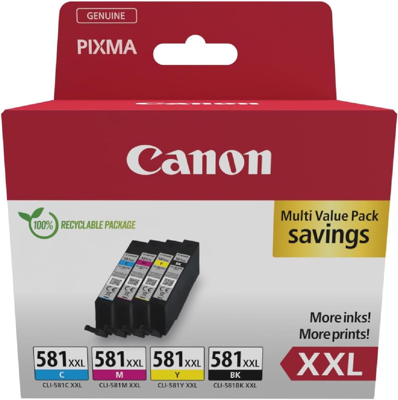 Canon CLI-581XXL High Yield Genuine Ink Cartridges, Pack of 4 (Black, Cyan, Magenta, Yellow) - Cardboard Multipack