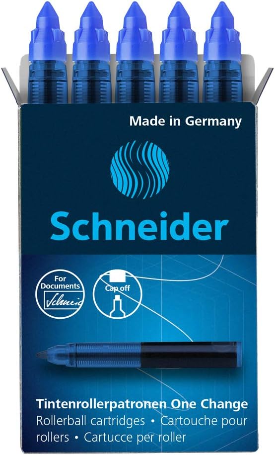 Schneider 185403 One Change Rollerball Ink Cartridge (for One Change Rollerball Pen, 1 x 5 Pieces, Indelible, Non-Erasable), Blue