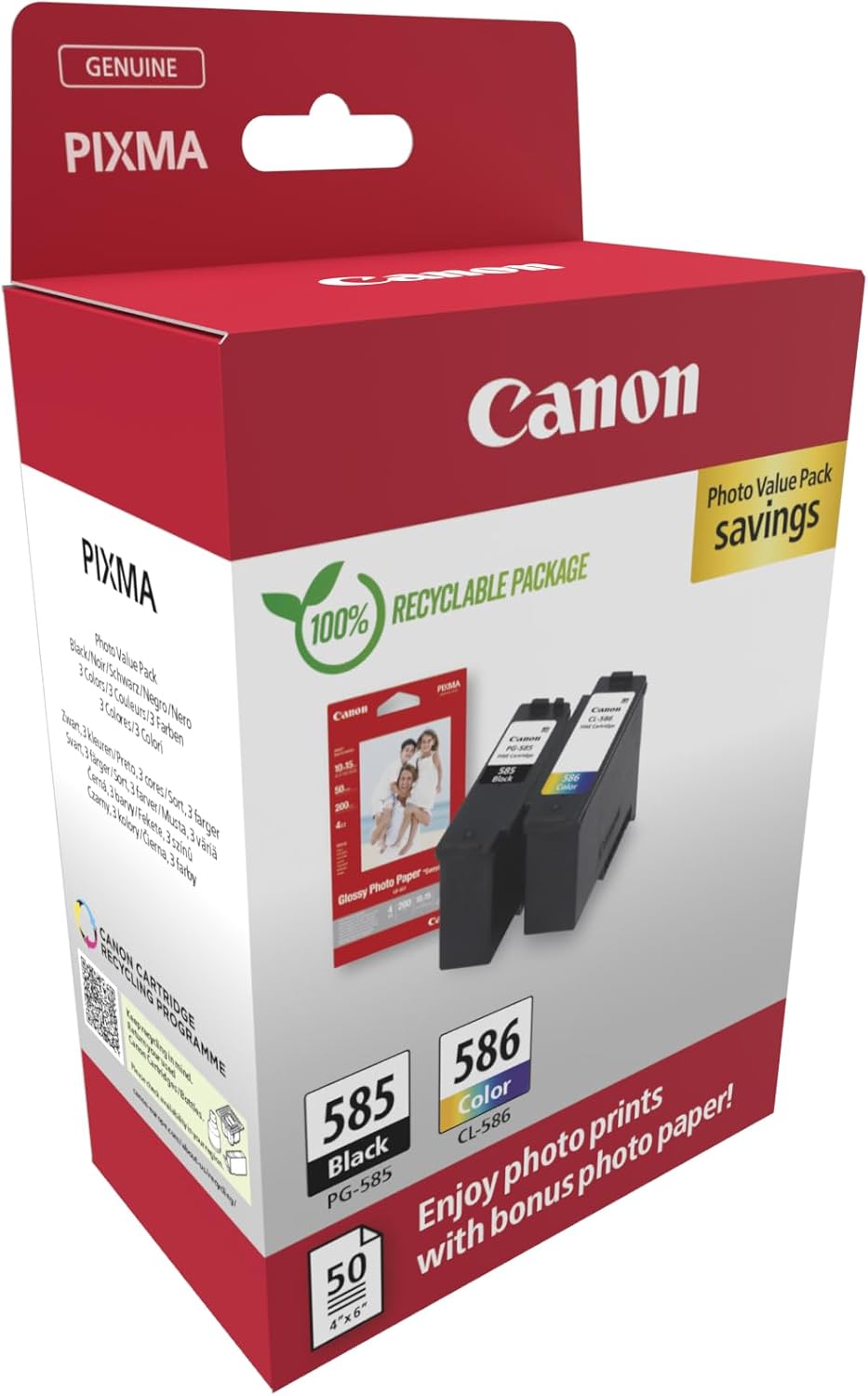 Canon PG-585 / CL-586 Original-Tintenpatronen, 2er-Pack (1x Schwarz, 1x Farbe), inklusive 50 Blatt 4x6-Fotopapier - Kompatibel mit PIXMA TS7650i / TS7750i – Bild 2