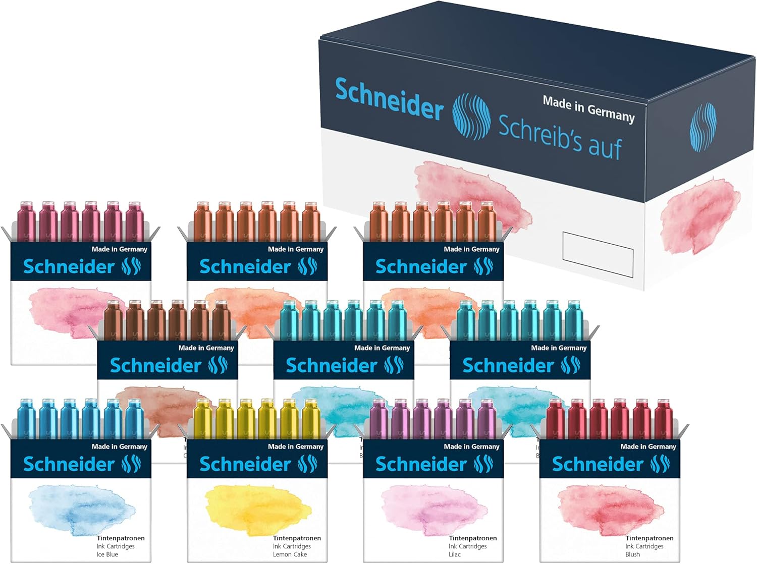 Schneider 166100 Pastel Ink Cartridge (Standard Cartridges for Fountain Pen) Assorted Pack of 10 x 6