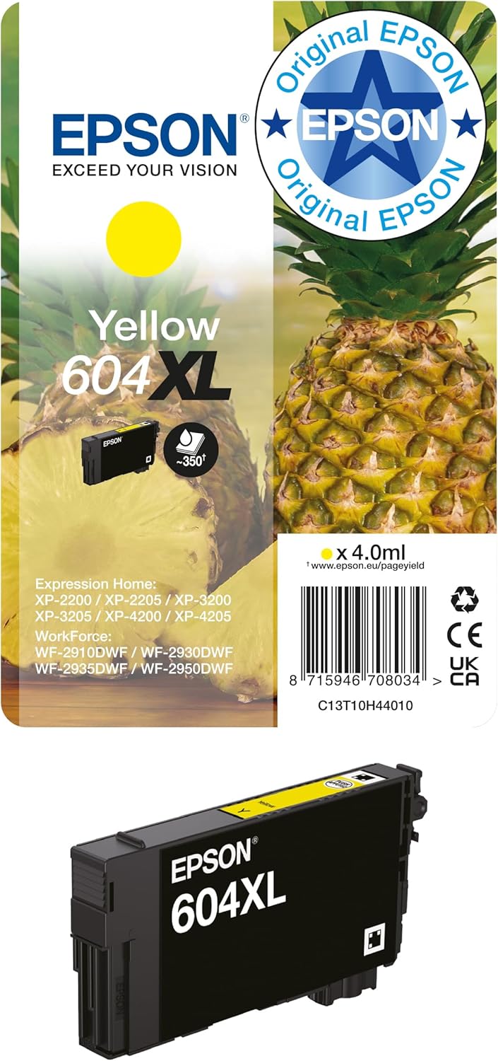 Epson Original 604XL Ink Pineapple Single Pack Yellow XL, XP-2200 XP-2205 XP-3200 XP-4205 WF2910DWF WF2930DWF WF2950DWF, ReadyPrint Flex Ink Tariffs