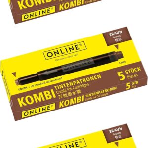 ONLINE Combo Ink Cartridges, Universal Cartridges, Compatible with All Standard Fountain Pens, including Lamy Fountain Pens, Replacement Cartridges, Box of 5 Large Capacity Cartridges, Colour: Brown,