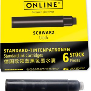 ONLINE Standard Ink Cartridges, Universal Fountain Pen Ink Compatible with All Standard Fountain Pens, Replacement Cartridges for Fountain Pen and Rollerball 6 Pack Colour Black
