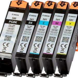 Canon PGI 580 CLI 581 Setup Original Ink Cartridges for Pixma TR 7500, TR 8500, TS 6250, TS 9550 TS 9100 without Blister Packaging, Photo Black, Cyan, Magenta, Yellow, Text Black, Standard