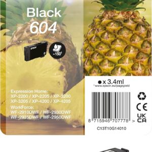 Epson Original 604 Ink Pineapple Single Pack Black Standard, XP-2200 XP-2205 XP-3200 XP-4205 WF2910DWF WF2930DWF WF2950DWF, ReadyPrint Flex Ink Tariffs