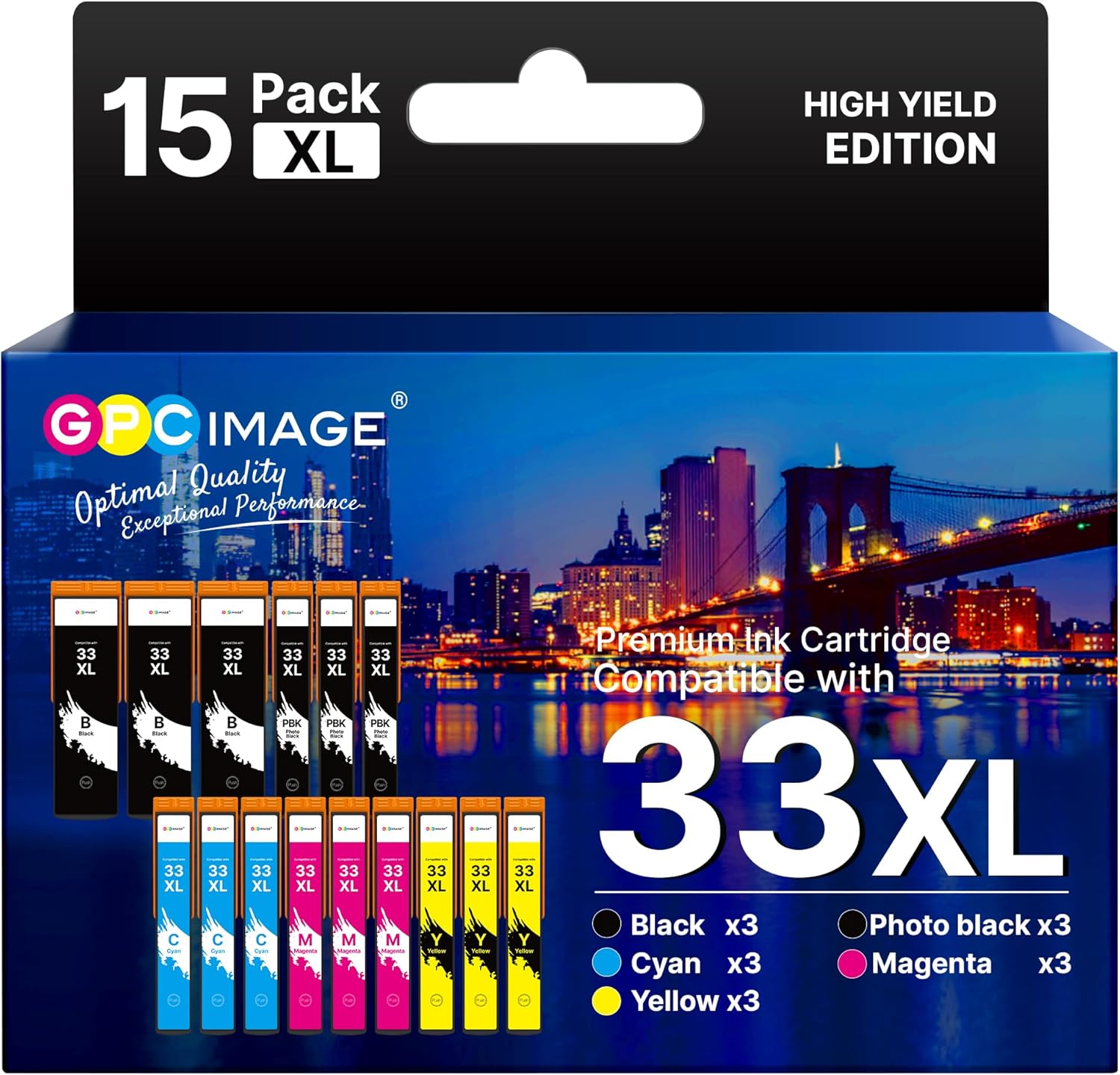 GPC IMAGE Compatible Ink Cartridge Replacement for Epson 33XL for Expression Premium XP-540 XP-530 XP-830 XP-7100 XP-900 XP-640 XP-630 XP-635 XP-645 (Black Photo Black Cyan Magenta Yellow 15-Pack)