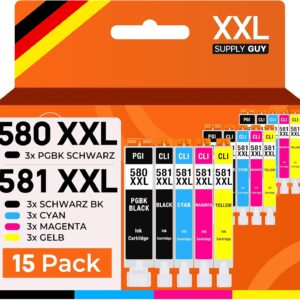 Supply Guy 580XXL 581XXL Printer Cartridges Compatible with Canon PGI-580 CLI-581 Cartridges Suitable for Pixma TS705 TS705a TS6350 TS6350a TS6351 TS6351a TS6300 TR8550 TS9550 Multipack 15 Ink