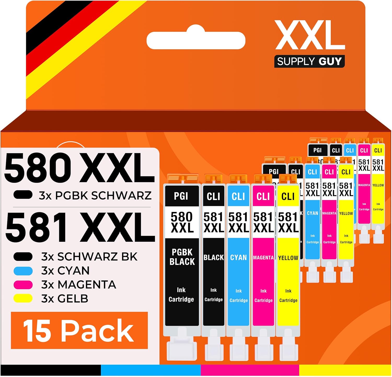 Supply Guy 580XXL 581XXL Printer Cartridges Compatible with Canon PGI-580 CLI-581 Cartridges Suitable for Pixma TS705 TS705a TS6350 TS6350a TS6351 TS6351a TS6300 TR8550 TS9550 Multipack 15 Ink