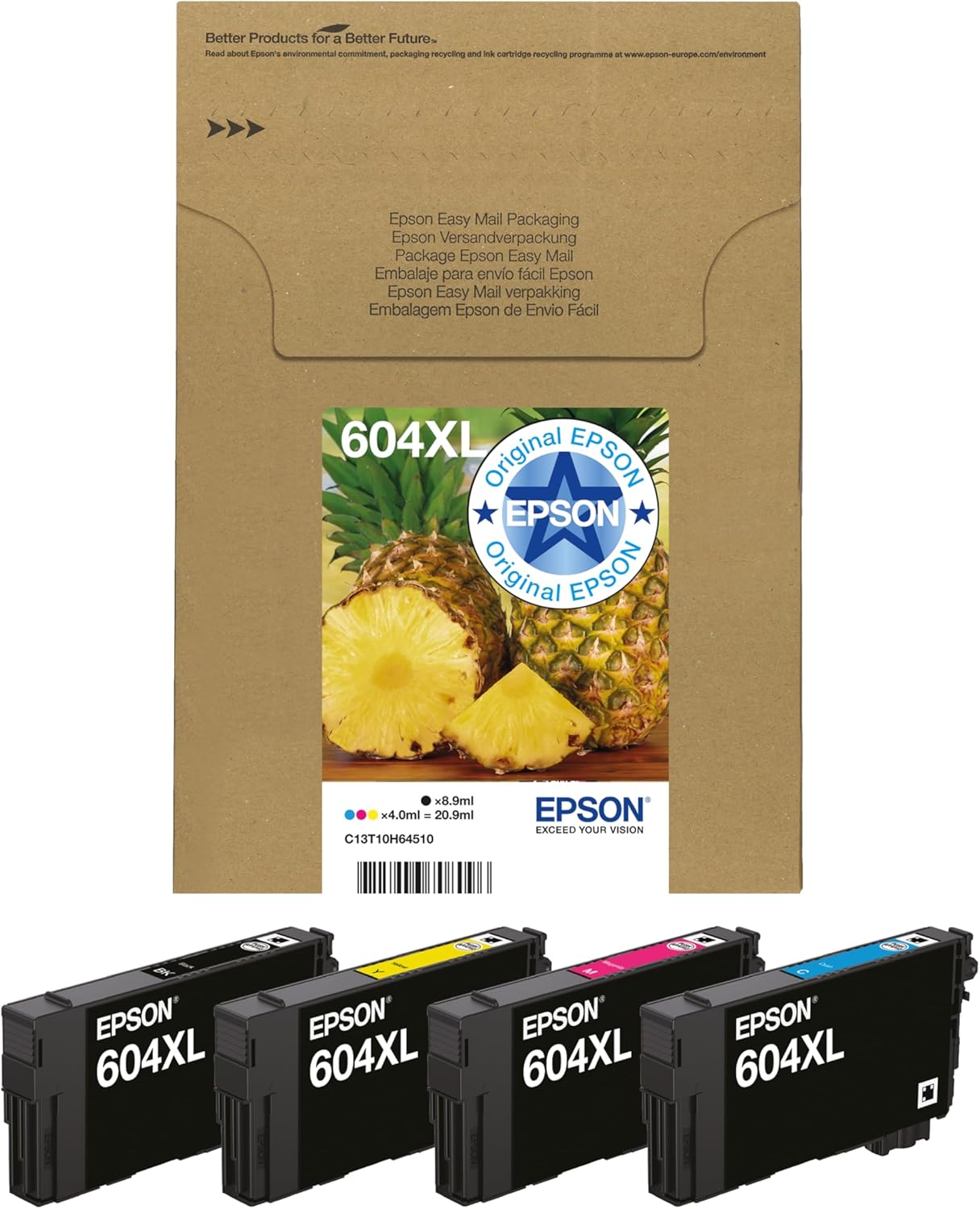 Epson Original 604XL Pineapple Multipack 4-Colour Ink Cartridges | EasyMail - Less Plastic Packaging | Black, Cyan, Magenta, Yellow | 1 x 8.9 ml, 3 x 4 ml | Original Ink for Optimal Results