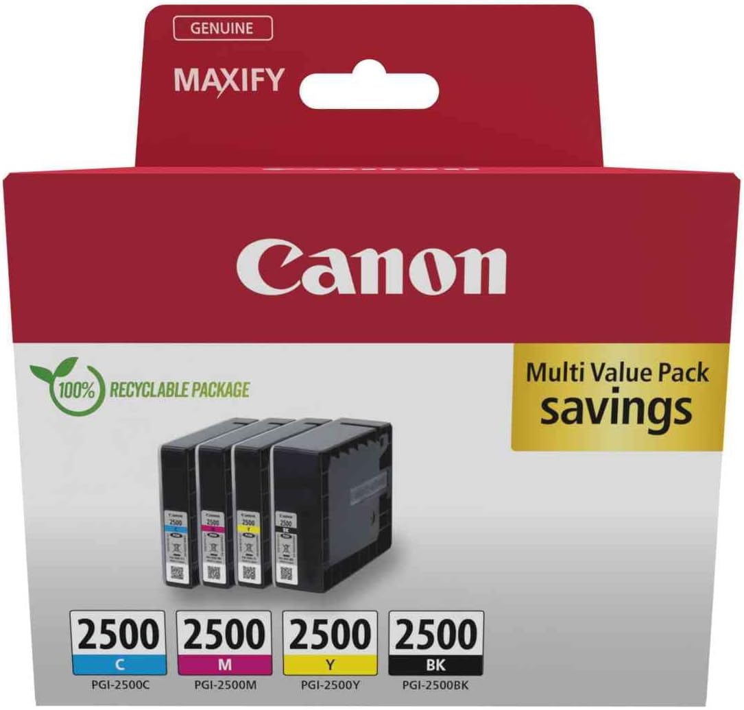 Canon PGI-2500 Genuine Ink Cartridges, Pack of 4 (Black, Cyan, Magenta, Yellow) - Cardboard Multipack