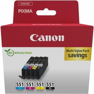 Canon CLI-551 Genuine Ink Cartridges, Pack of 4 (Black, Cyan, Magenta, Yellow) – Cardboard Multipack