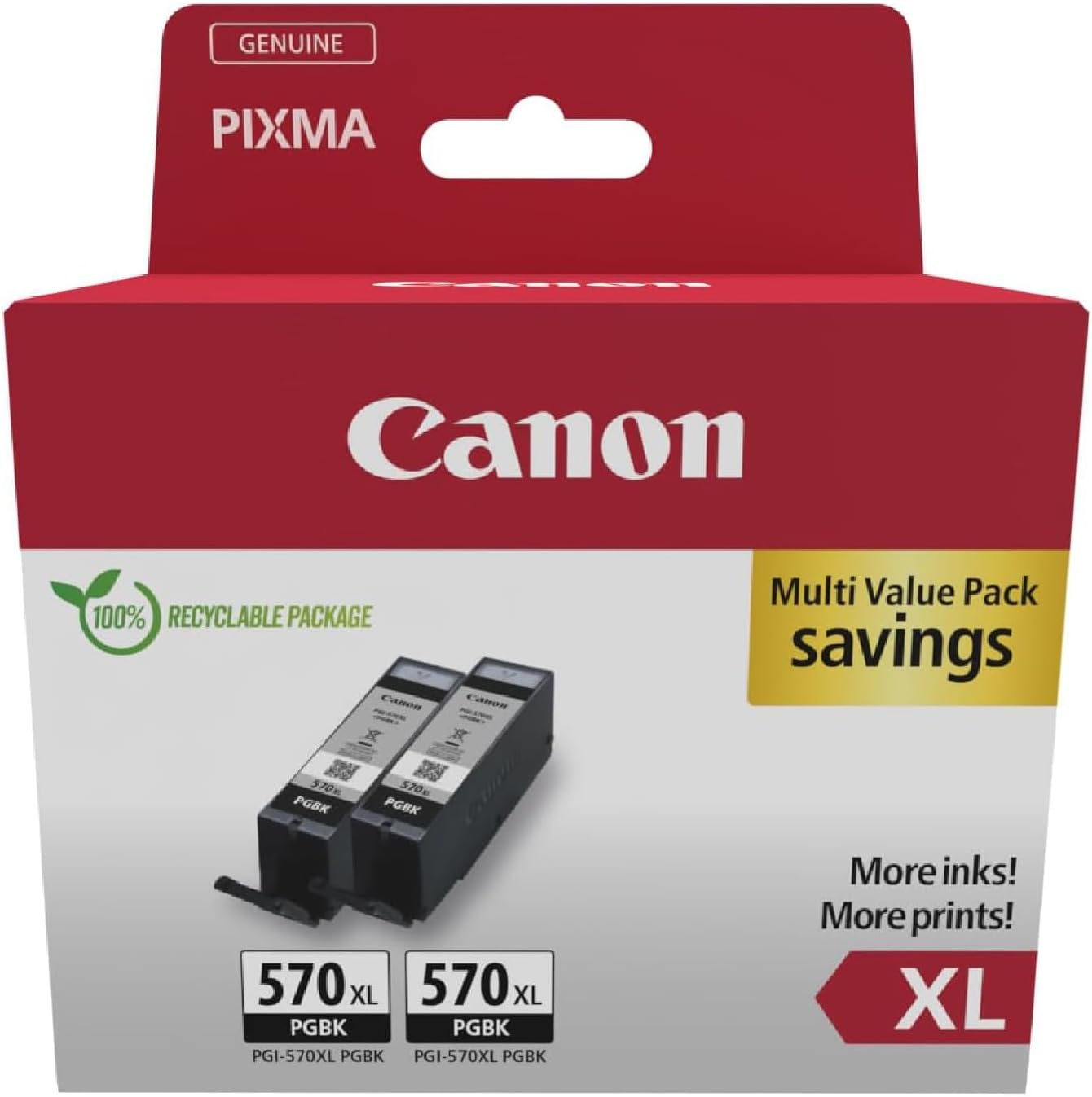Canon PGI-570XL High Yield Genuine Ink Cartridges, Pack of 2 (Black) - Security Cardboard Twin Pack