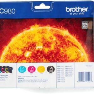 Brother LC980C/LC980M/LC980Y/LC980BK Inkjet Cartridges, Multi Pack, Standard Yield, Cyan, Magenta, Yellow and Black, Brother Genuine Supplies
