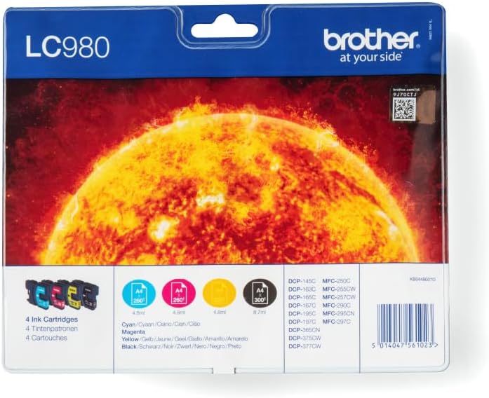 Brother LC980C/LC980M/LC980Y/LC980BK Inkjet Cartridges, Multi Pack, Standard Yield, Cyan, Magenta, Yellow and Black, Brother Genuine Supplies