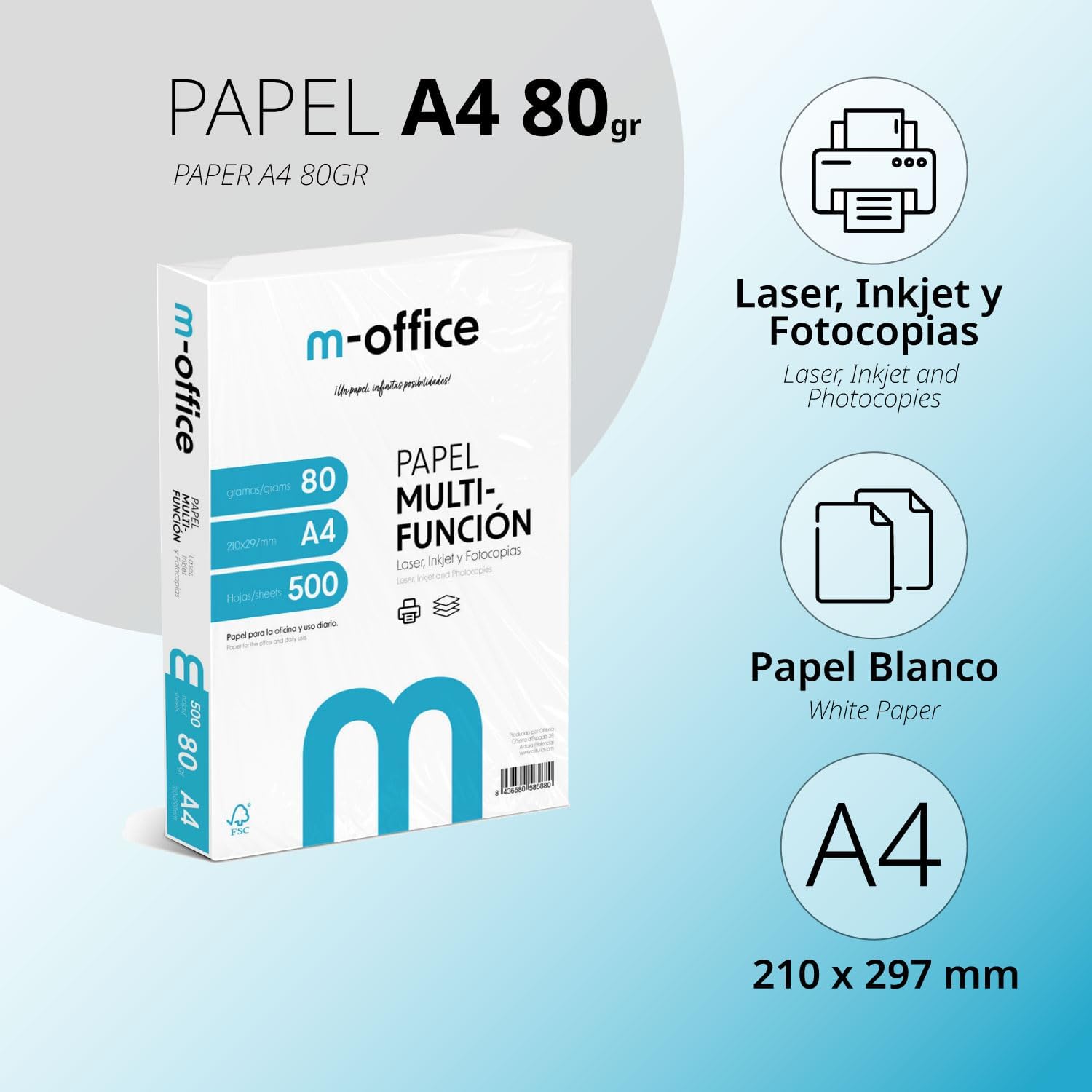 A4 Paper 80g Pack of 500 Sheets Multi-Function Paper for Inkjet and Laser Printers A4 Sheets 210 x 297 mm Ideal for Office and Home · m-office (500 Sheets) – Bild 2