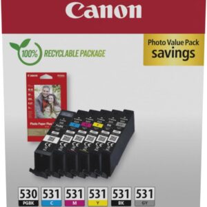 Canon PGI-530 / CLI-531 Original-Tintenpatronen, 6er-Pack (2 x Schwarz, Cyan, Magenta, Gelb, Grau), inklusive 50 Blatt 4×6-Fotopapier – Kompatibel mit PIXMA TS8750 / TS8751