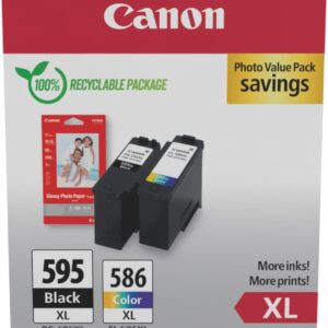 Canon Ink Cartridge - PG‑595XL / CL-586XL Original Printer Ink Cartridge 2 Pack (1 Black, 1 x Colour) + 50 Sheets 4x6 Photo Paper GP-501