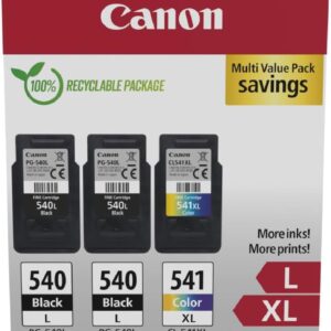 Canon PG-540XL x 2 / CL-541XL High Yield Genuine Ink Cartridges, Pack of 3 (2 x Black, 1 x Colour) - Cardboard Multipack