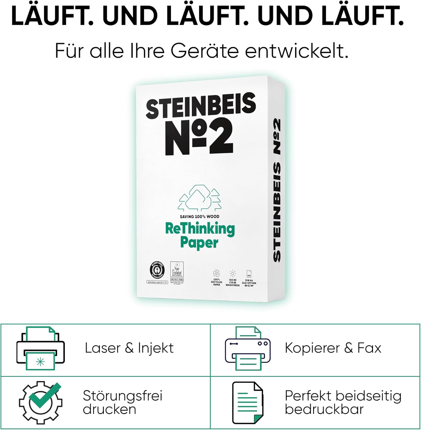 Steinbeis No. 2 Printer Paper - 2500 (5 x 500) Sheets DIN A4 Recycled Paper 80gsm White & Chlorine Free High Quality Copier Paper ISO 80 / CIE 85 – Bild 4