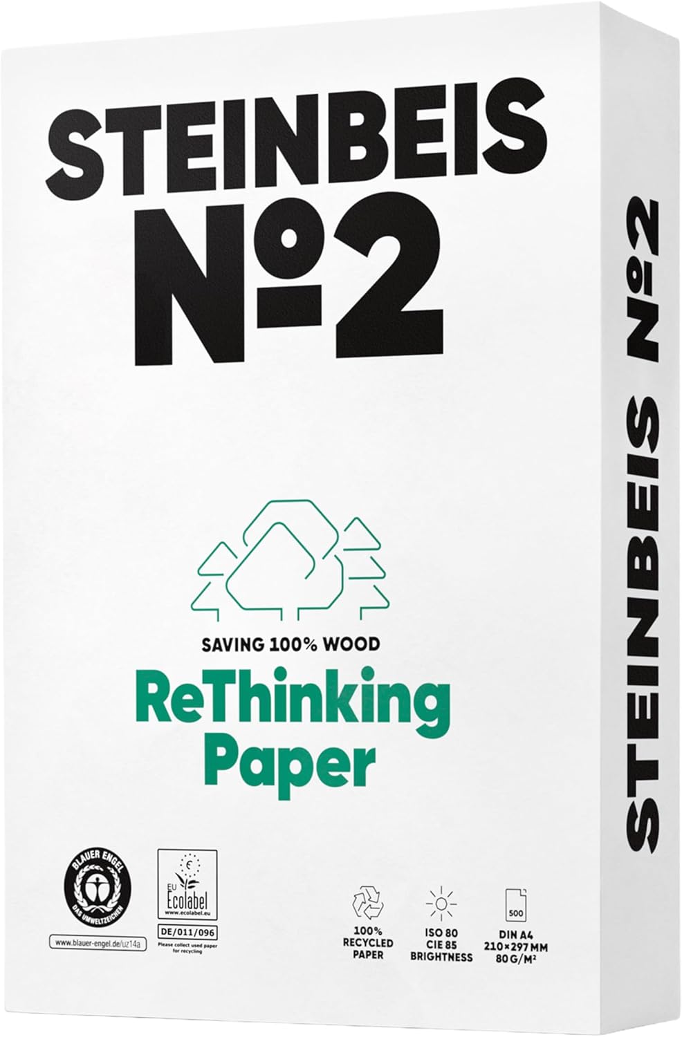 Steinbeis No. 2 Printer Paper - 2500 (5 x 500) Sheets DIN A4 Recycled Paper 80gsm White & Chlorine Free High Quality Copier Paper ISO 80 / CIE 85