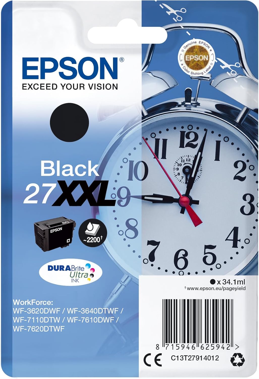Epson Genuine Alarm Clock 27 Ink Cartridges - WF-3620DWF WF-3640DTWF WF-7110DTW WF-7620DTWF WF-7610DWF WF-7720DTWF WF-7715DWF WF-7710DWF WF-7210DTW xxl