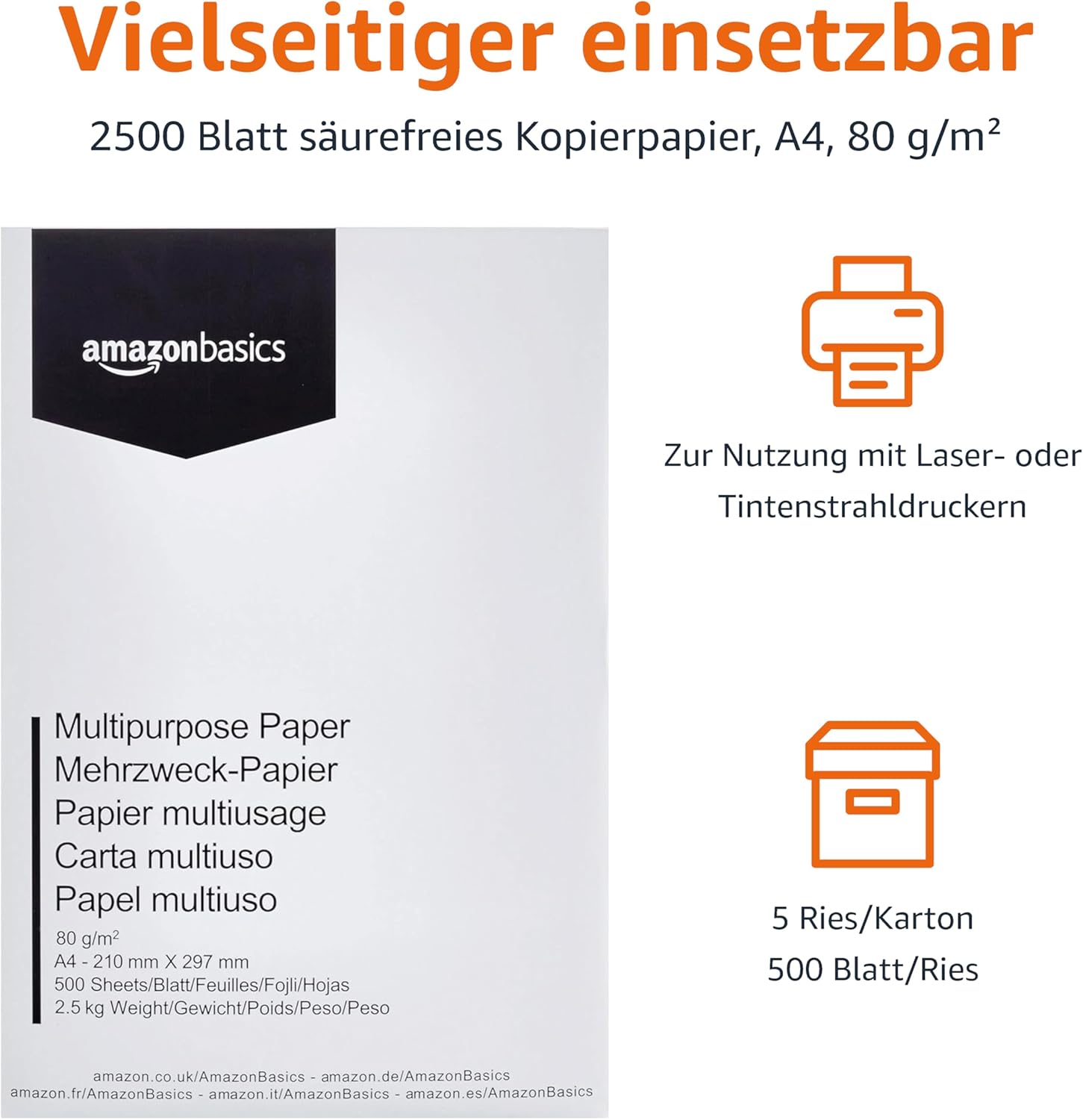 AmazonBasics printer paper, A4, 80 g / m², 5x500 sheets, white – Bild 2