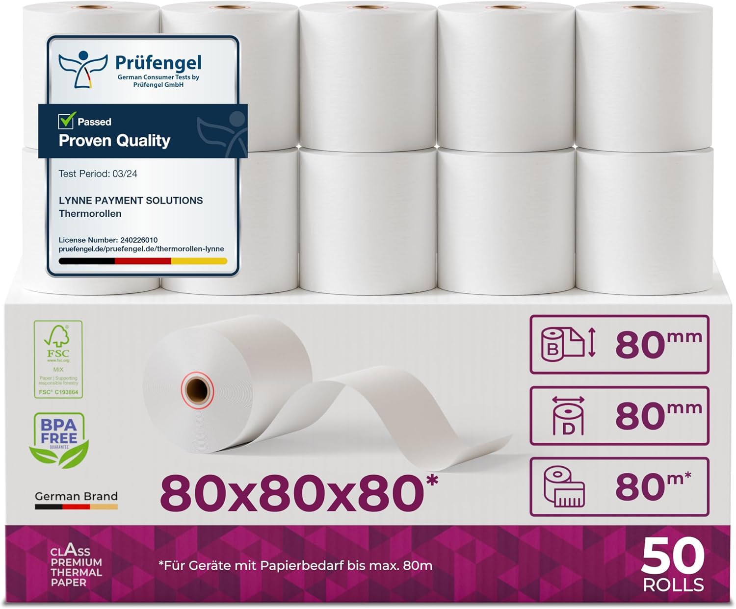 Thermal Rolls / Receipt Rolls / Till Rolls 80 mm x 80 m x 12 mm (80 x 80 x 12) for All Standard Thermal Paper Cash Receipt Printers - BPA Free (B: 80 mm - Diameter 80 mm x 80 m - Pack of 50)