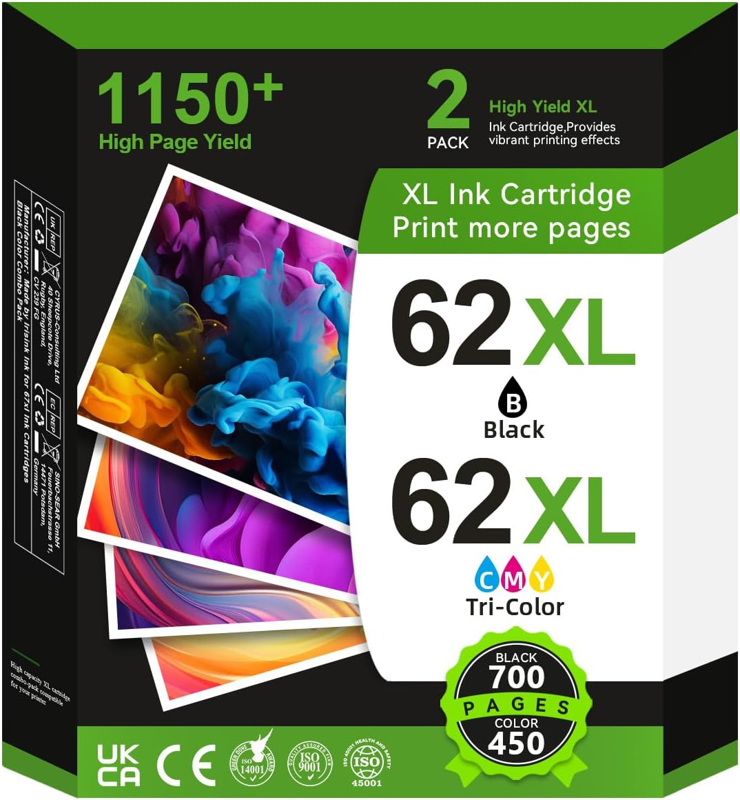 62 XL Printer Cartridges Multipack, 62XL Cartridges Black and Colour Compatible with Original HP 62 Printer Cartridges for Envy 5541 5544 5646 5744 5540 5542 5546 5640 5646 OfficeJet 200 200c 250 250c