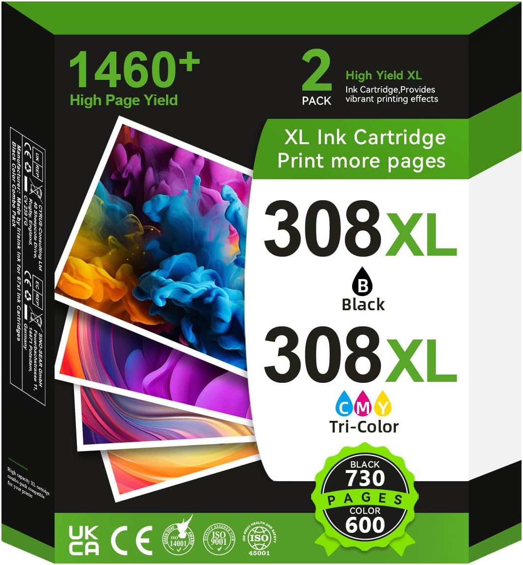 308 XL Printer Cartridges Multipack, 308XL Cartridges Black and Colour Compatible with Original HP 308 Printer Cartridges for HP DeskJet 2900 4300 Envy 6110e 6120e 6122e 6130e 6520e 6530e 6532e Envy