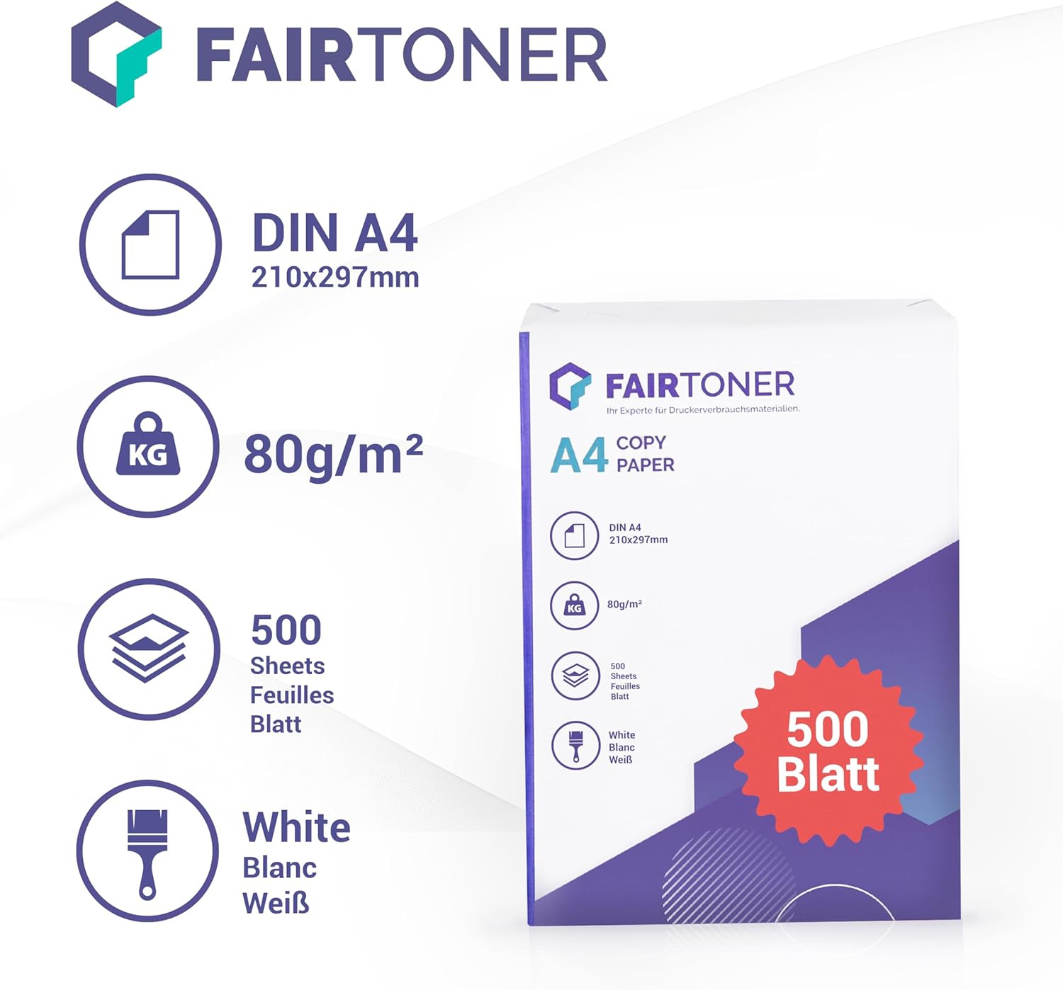 FairToner Copier Paper 2500 Sheets DIN A4 80 g White (5 x 500 Sheets / Pack of 5) Universal Printer Paper Suitable for Laser Printers and Inkjet Printers – Bild 2