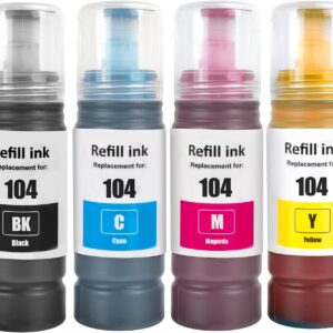 104 ink compatible with Epson 104 ink cartridges, refill ink for ecotank ET-1810 ET-2810 ET-2820 ET-2870 ET-2814 ET-2815 ET-2825 ET-2826 ET-2830 ET-2840 ET-2840 ET 2862 ET-2870 ET-2876 ET-4800 ET-4810 (4P)