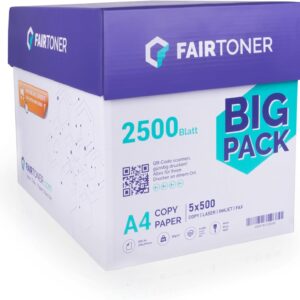 FairToner Copier Paper 2500 Sheets DIN A4 80 g White (5 x 500 Sheets / Pack of 5) Universal Printer Paper Suitable for Laser Printers and Inkjet Printers