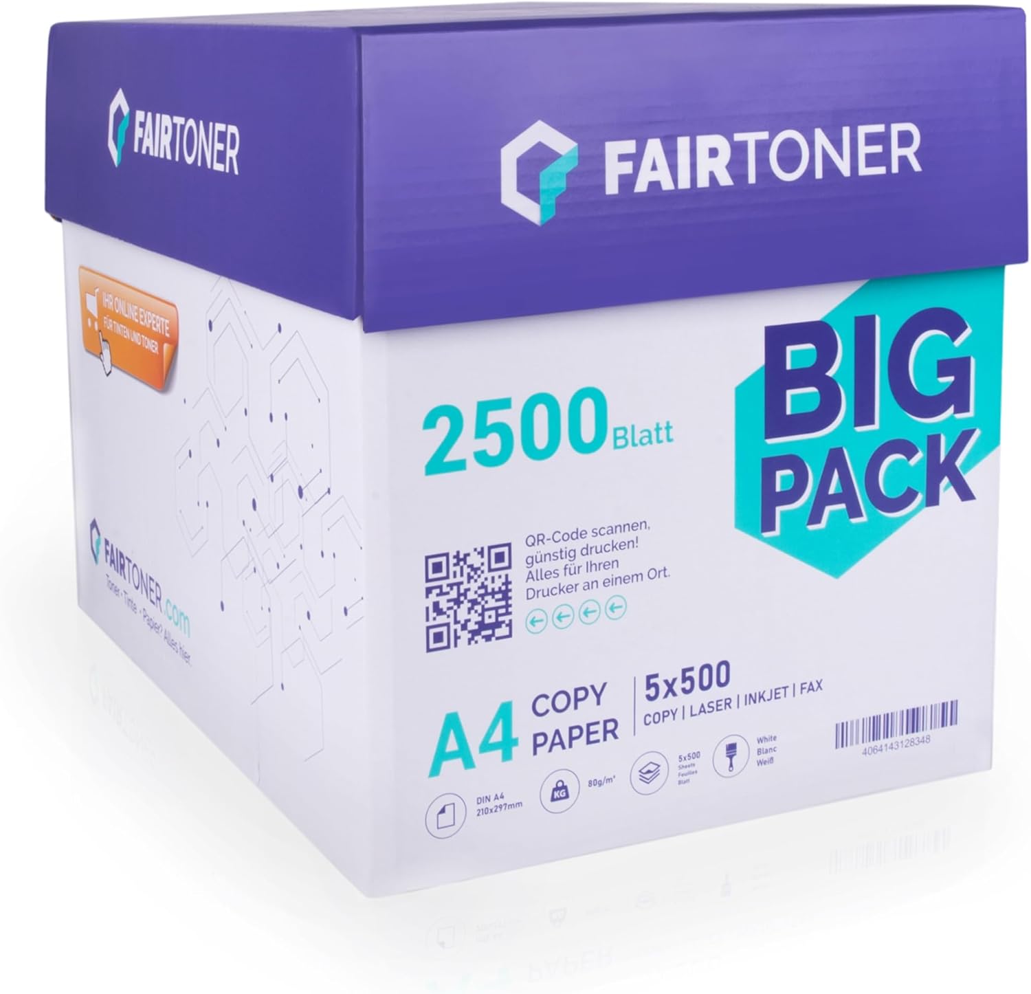 FairToner Copier Paper 2500 Sheets DIN A4 80 g White (5 x 500 Sheets / Pack of 5) Universal Printer Paper Suitable for Laser Printers and Inkjet Printers