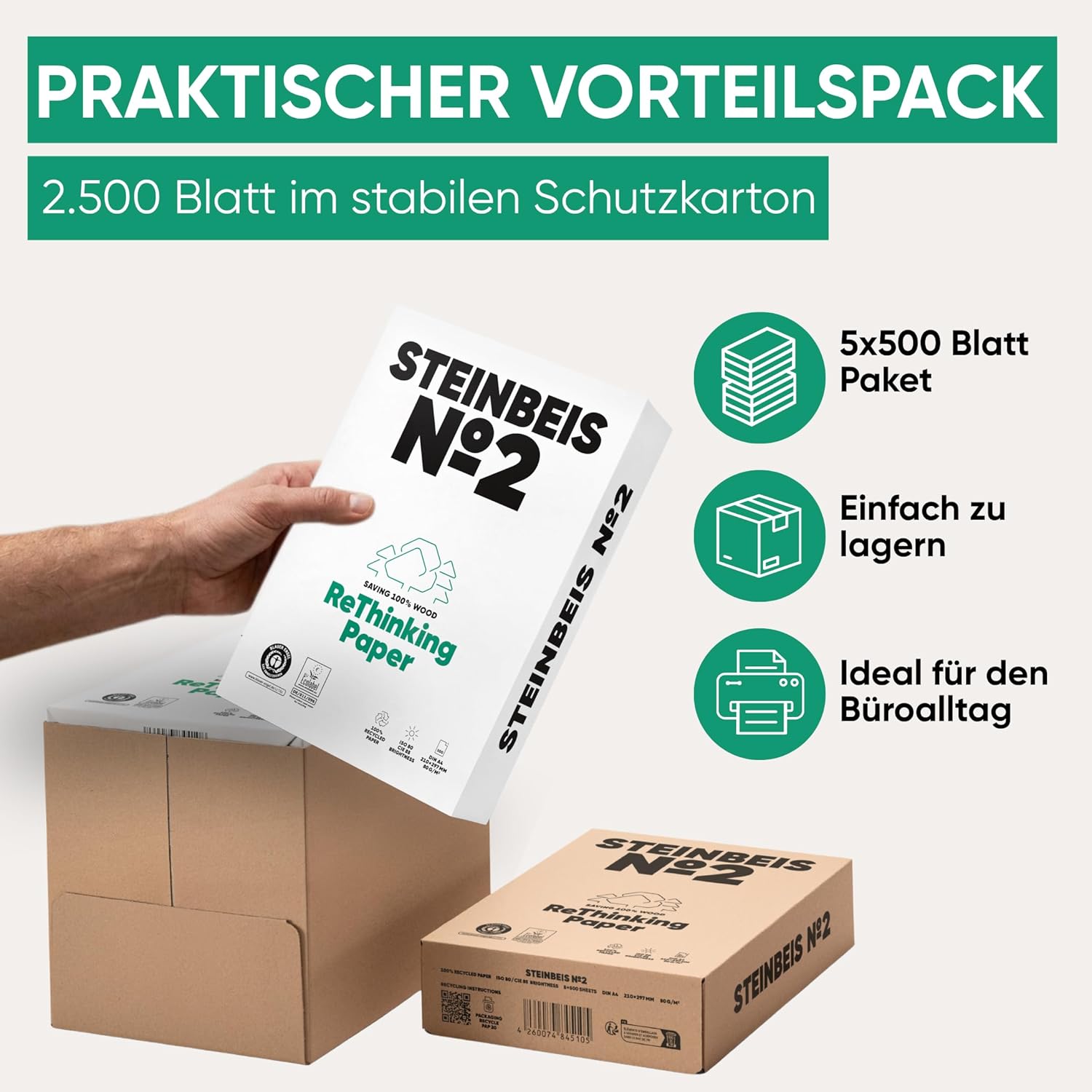 Steinbeis No. 2 Printer Paper - 2500 (5 x 500) Sheets DIN A4 Recycled Paper 80gsm White & Chlorine Free High Quality Copier Paper ISO 80 / CIE 85 – Bild 5