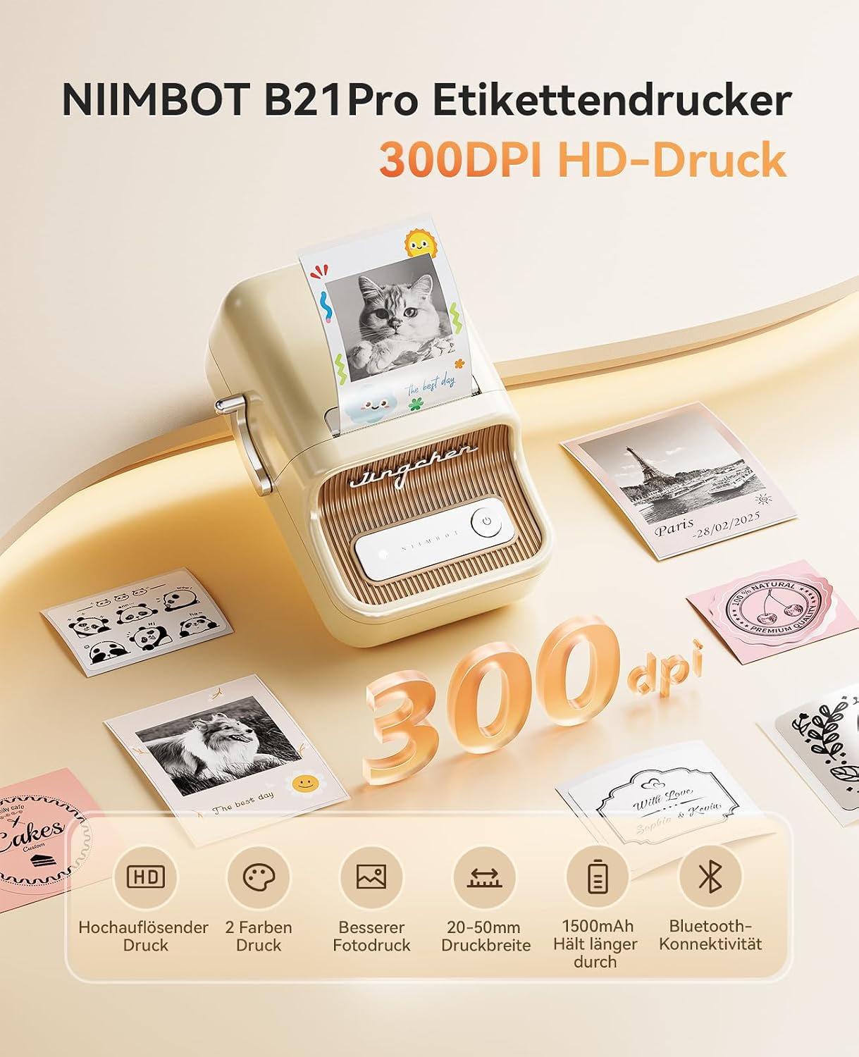 NIIMBOT B21Pro Label Printer, 300 dpi Self-Adhesive Labeling Device, Bluetooth Labelling Device, Label Printer, Photo Printer for Learning, Study Notes, Picture Print, Scrapbooking, White – Bild 2