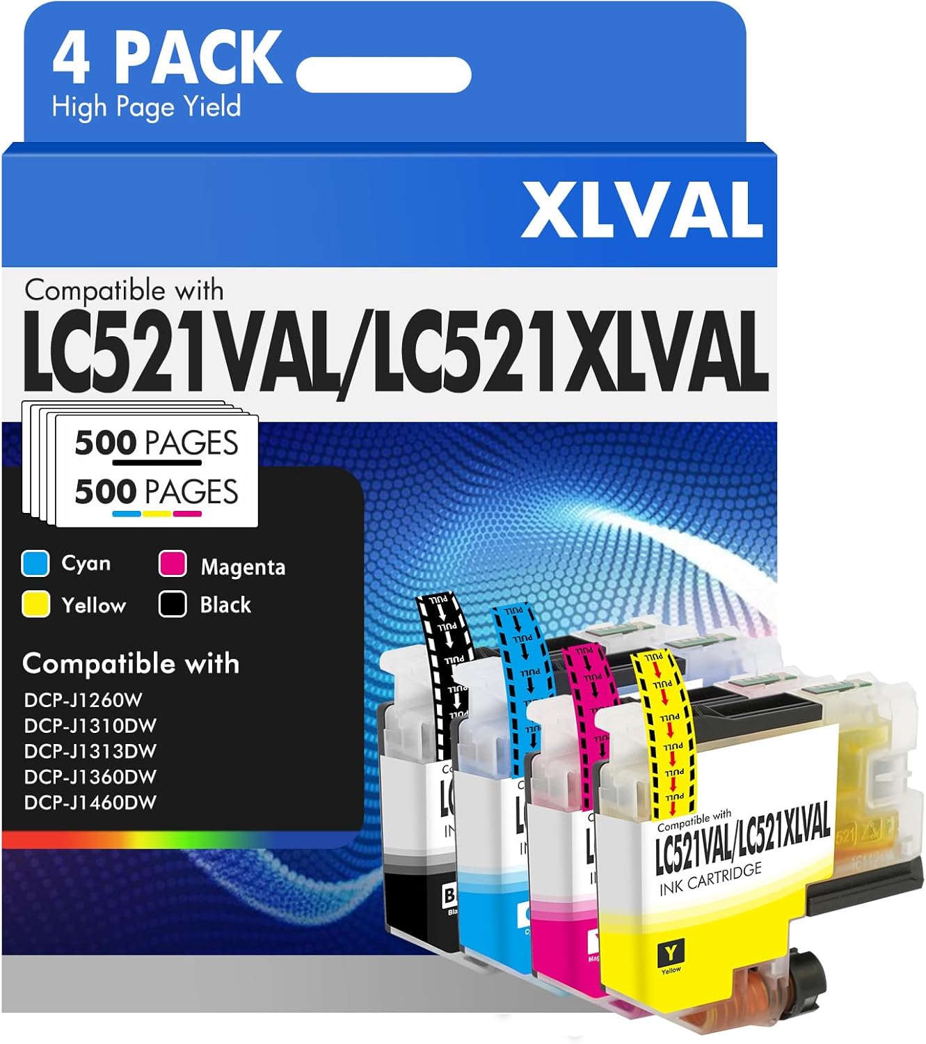Ink Cartridges LC521XLVAL LC521VAL LC521XL Multipack DCP-J1360DW Compatible with LC-521XL Printer Cartridges for Brother Printers DCP-J1310DW DCP-J1260W DCP-J1313DW DCP-J1460DW (Black Cyan Magenta