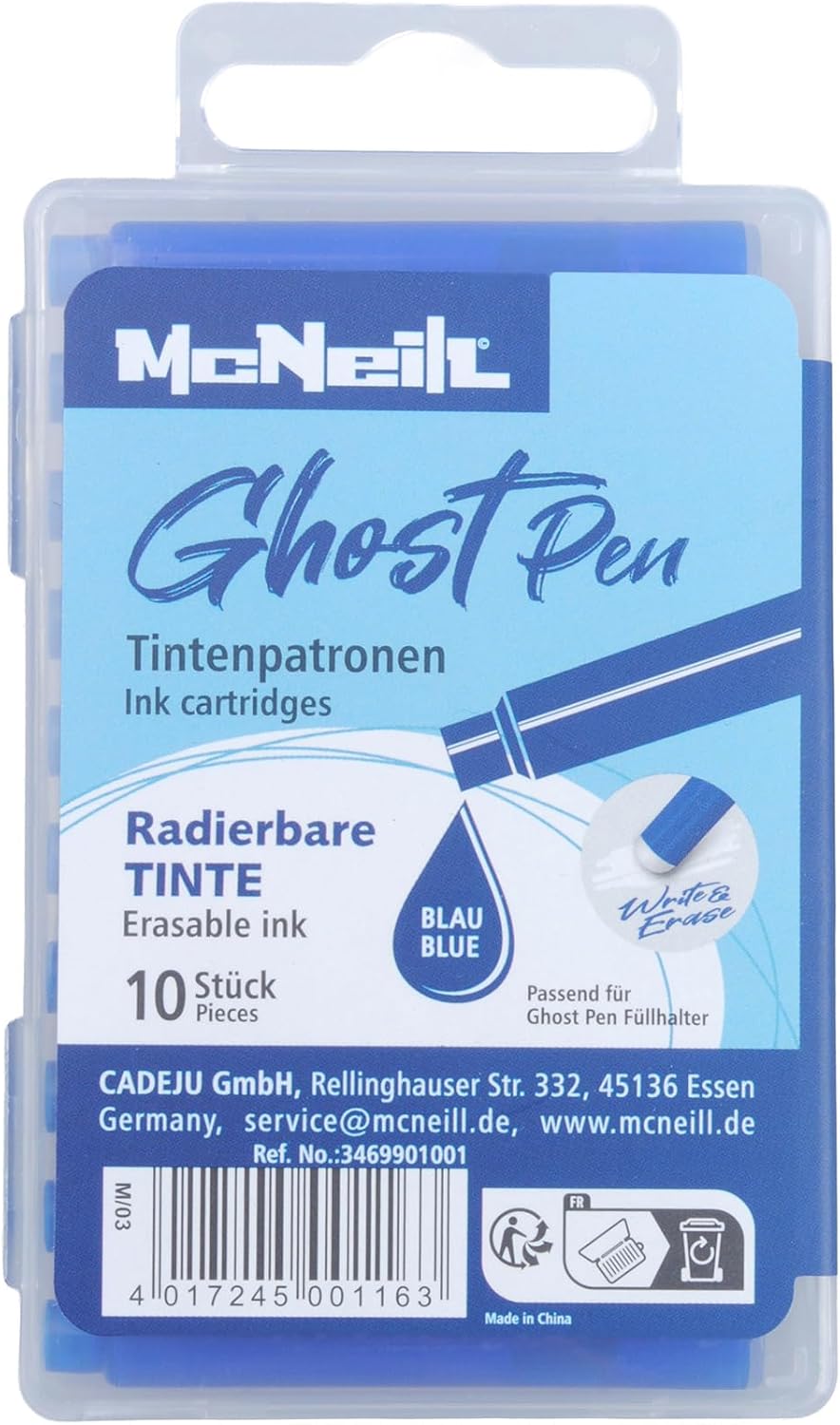 McNeill - Ghost Pen Ink Cartridges - Thermal Erasable Ink for Ghost Pen Fountain Pen | Replacement Cartridges in Various Colours | Clean Writing & Residue-Free Erasing (Blue)
