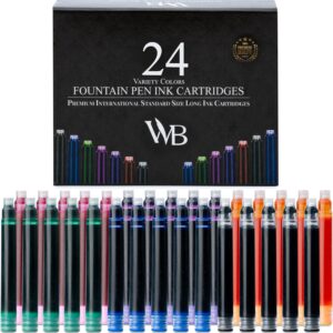 Wordsworth & Black 24 Pack Fountain Pen Ink Cartridges – Set of 24 Assorted Ink Cartridges – International Standard Long Size – Length Approx. 2.3″ – Base Diameter Approx. 0.24″ –
