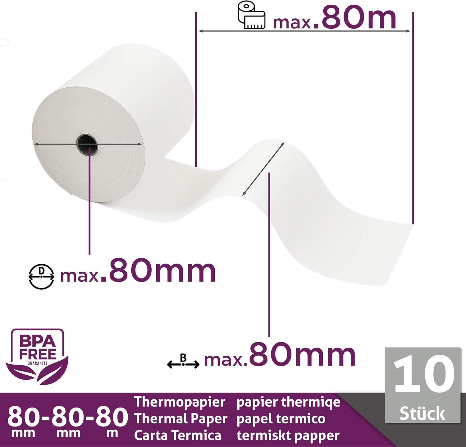 10 x Thermal Rolls - Receipt Rolls - Till Rolls 80 mm x 80 m x 12 mm (80 x 80 x 12) for All Standard Thermal Paper Cash Receipt Printers - BPA Free – Bild 4