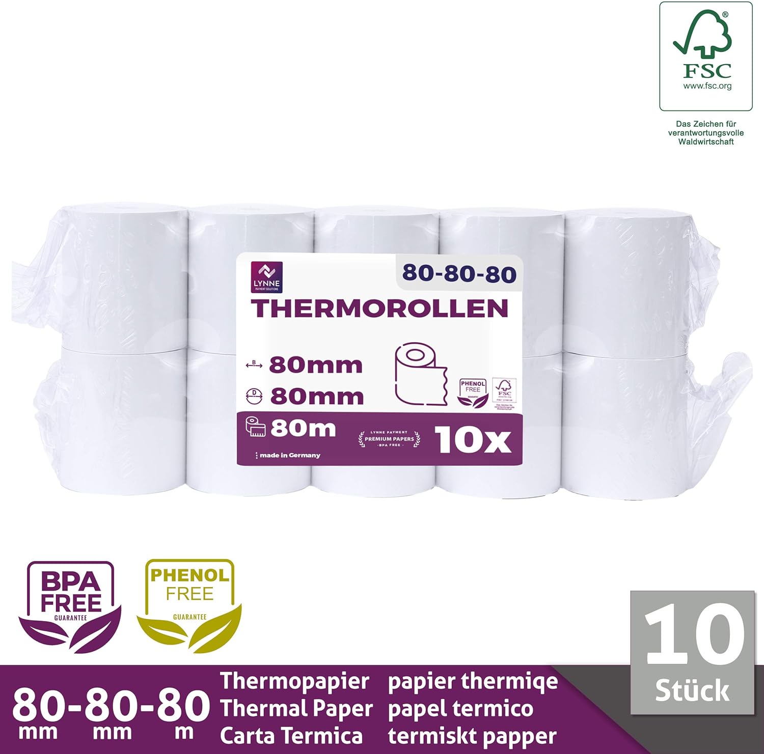 10 x Thermal Rolls - Receipt Rolls - Till Rolls 80 mm x 80 m x 12 mm (80 x 80 x 12) for All Standard Thermal Paper Cash Receipt Printers - BPA Free – Bild 2