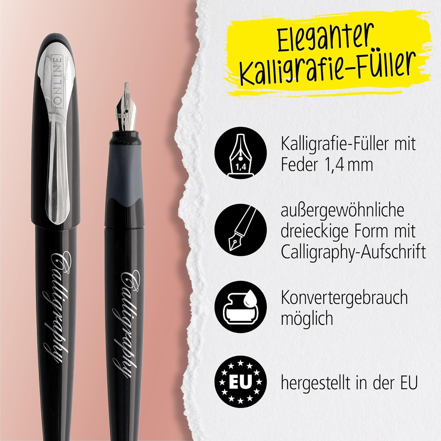 ONLINE Calligraphy-Fountain Pen, Calligraphy-Pen Air, black, wide calligraphy-nib in line width 1.4 mm, for standard ink cartridges or converters, includes blue combination cartridge – Bild 2